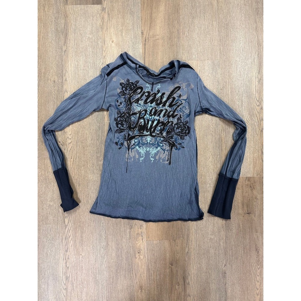 Crash and Burn Blue Graphic Studded Long Sleeve Top Y2K Grunge Bling Size L